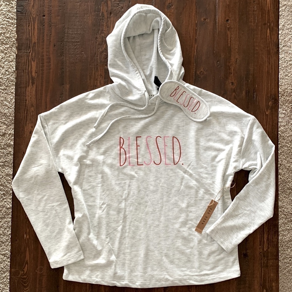 Rae Dunn Soft Hoodie Sweatshirt BLESSED Eye Mask XS Gray NWT - Picture 2 of 11